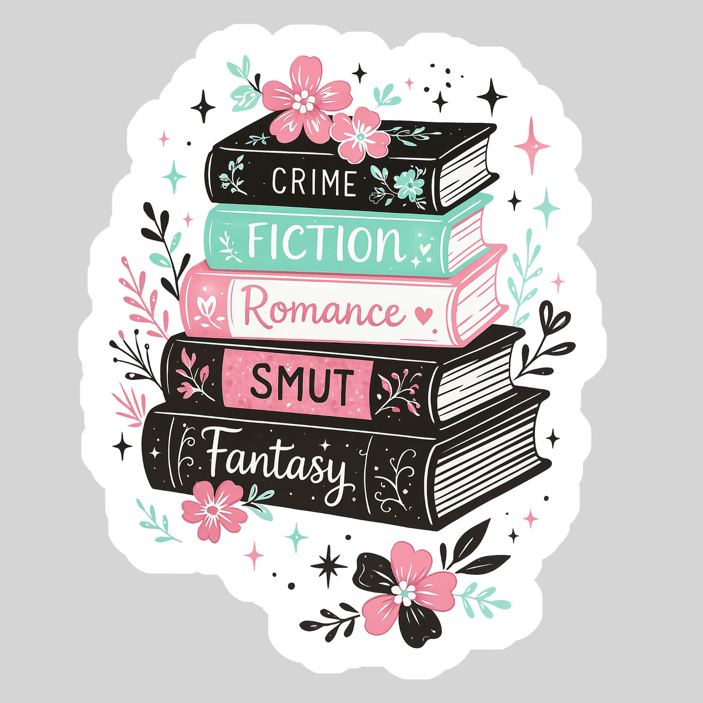 Crime Fiction Romance Smut Fantasy Book Stack โ 3" Waterproof Bookish Sticker with Holo Overlay โ Reading, Books, Reader Gift, Book Lover