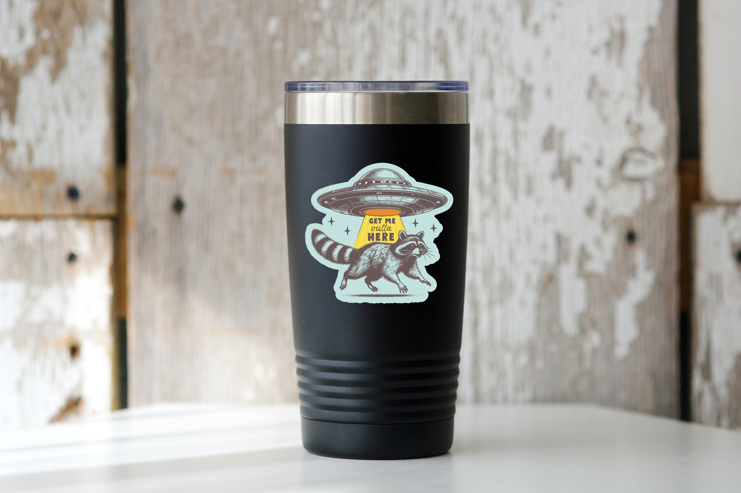 Get Me Outta Here Sticker - raccoon, ufo, funny, anxiety