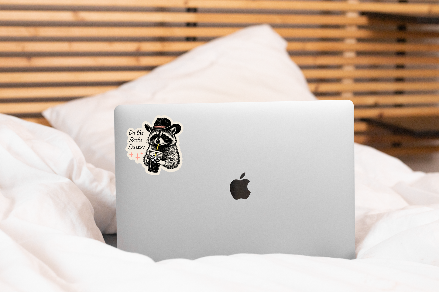 On the Rocks Darlin' Sticker - iced coffee, raccoon, cowboy
