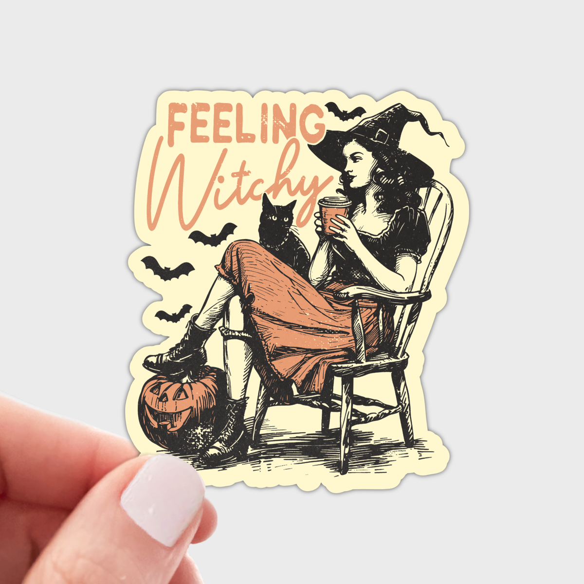 Feeling Witchy Sticker - coffee, cat, witches, halloween
