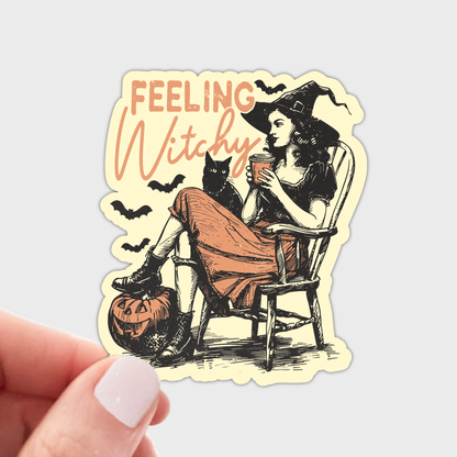 Feeling Witchy Sticker - coffee, cat, witches, halloween