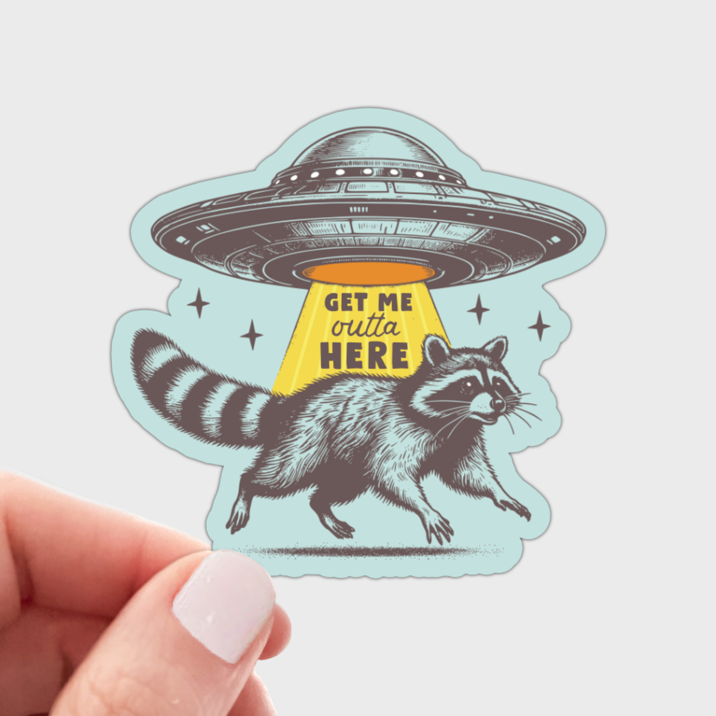 Get Me Outta Here Sticker - raccoon, ufo, funny, anxiety